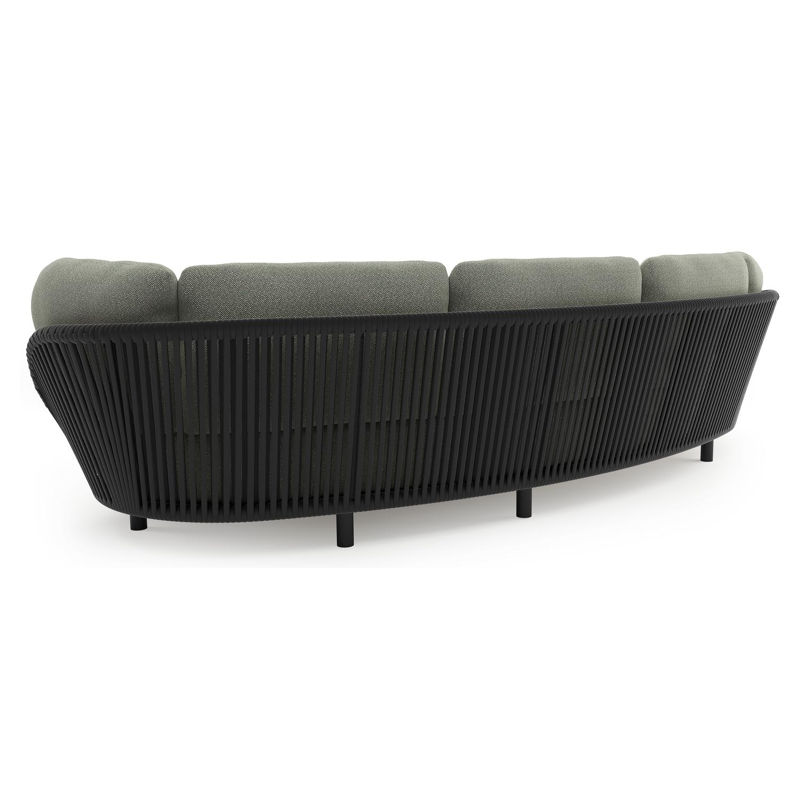 Canapé de jardin Lupino en aluminium noir et corde large plate de luxe tissée verticalement noir et coussins en all weather sunbrella® luxe savane leaf