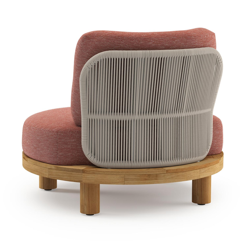 Donato loungestoel in teak en beige verticaal geweven ronde rope met all weather sunbrella® luxe Slow Alezan kussen