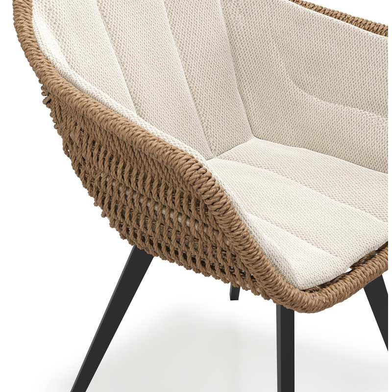 Pagino tuinstoel in zwart aluminium en bruin ronde wicker met zitkussen in All Weather Sunbrella® Luxe Lopi Marble