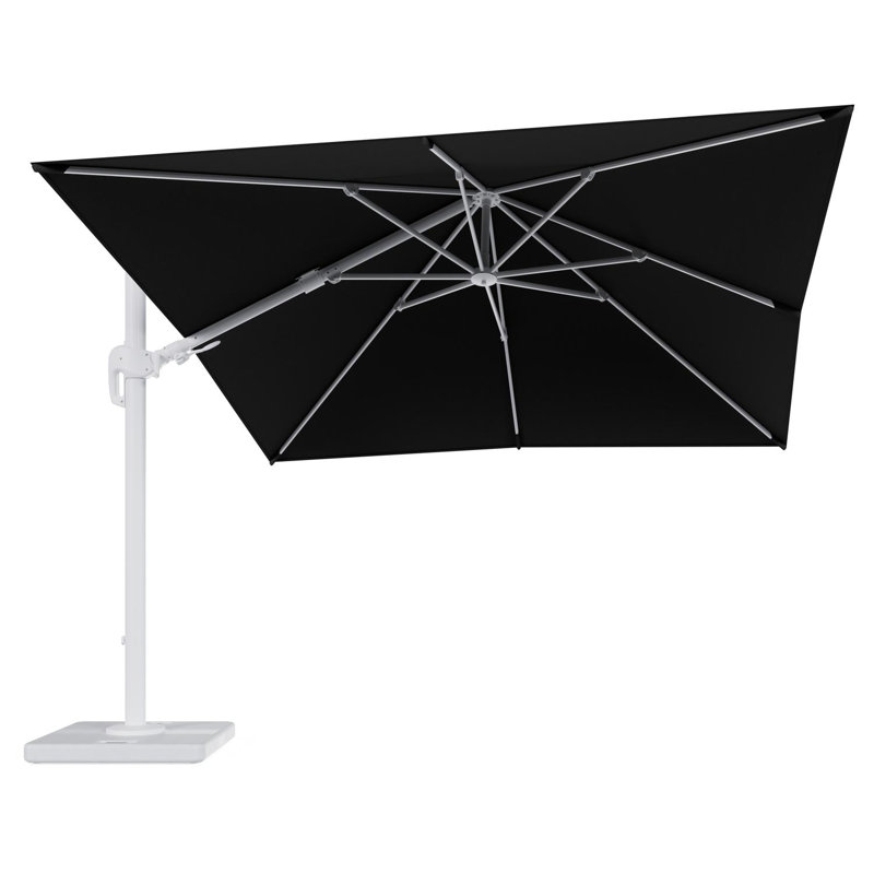 Rufina zweefparasol tiltfunctie in wit aluminium en parasoldoek in All Weather Sunbrella® Luxe Natte Sooty - L1 300 x L2 300 cm met parasolvoet Lapido 120 kg