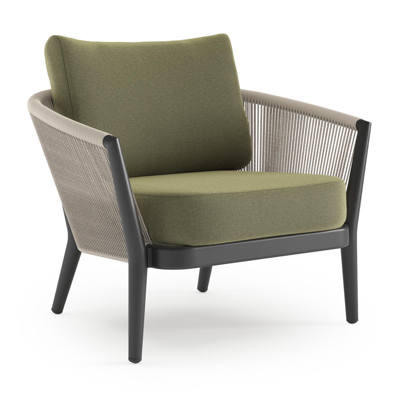 Orso loungestoel in zwart aluminium en beige verticaal geweven ronde rope met Heritage Leaf all weather sunbrella® luxe kussen