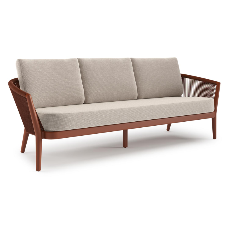 Canapé de jardin Orso en aluminium brun rouille en corde ronde tissée verticalement brun rouille et coussins en all weather sunbrella® luxe Slow Farafra