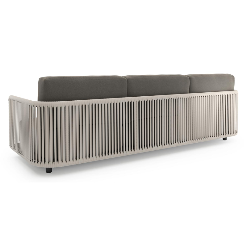 Organo loungebank in zwart aluminium en beige verticaal geweven luxe vlakke rope met natte dark taupe all weather Sunbrella® luxe kussen