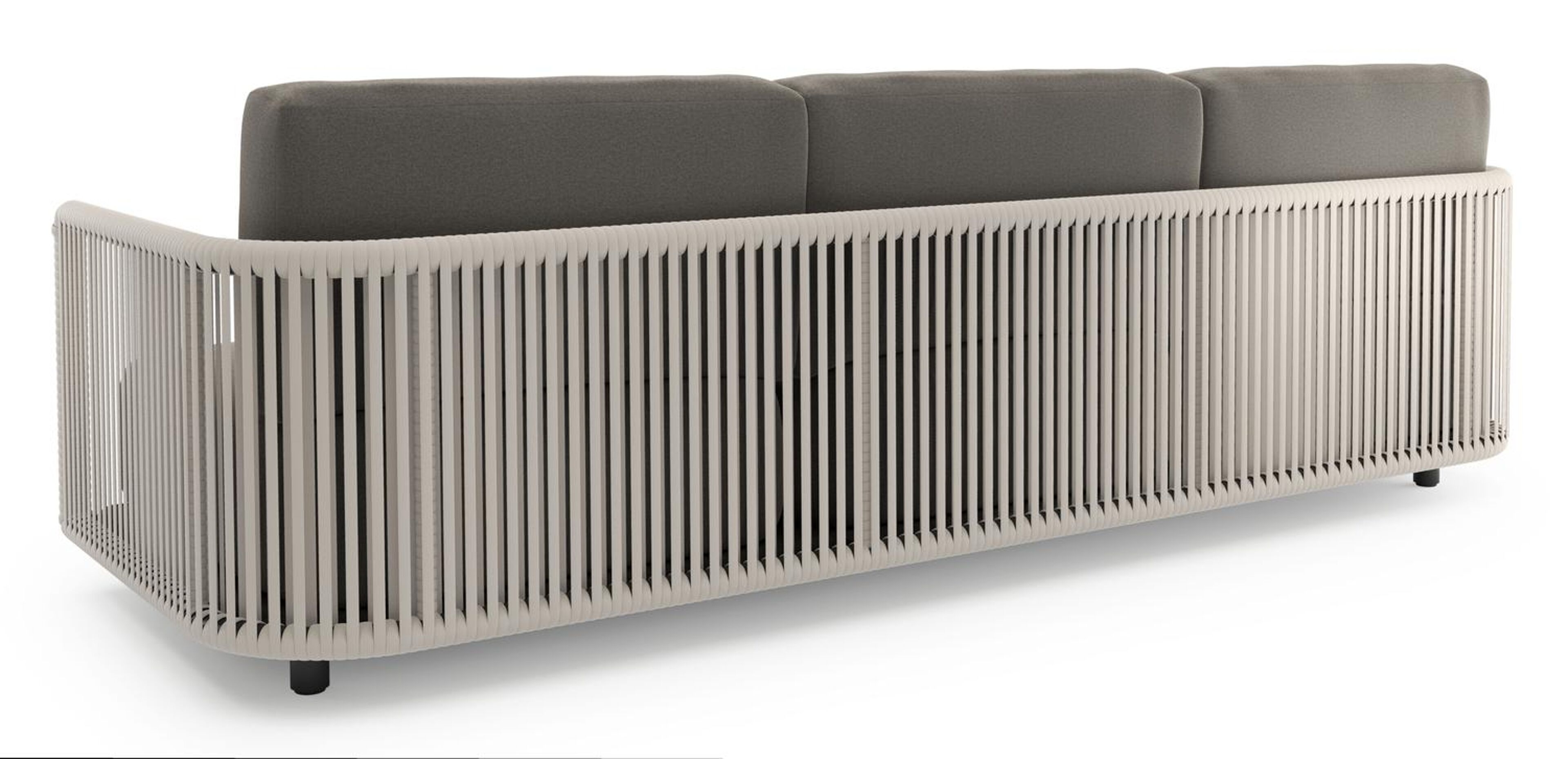 Canapé de jardin Organo en aluminium noir et corde luxe plate tissée verticalement beige et coussin en all weather Sunbrella® luxe natte dark taupe