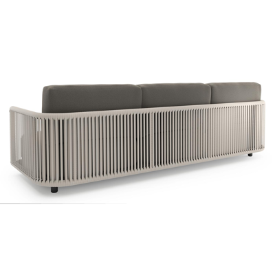 Canapé de jardin Organo en aluminium noir et corde luxe plate tissée verticalement beige et coussin en all weather Sunbrella® luxe natte dark taupe