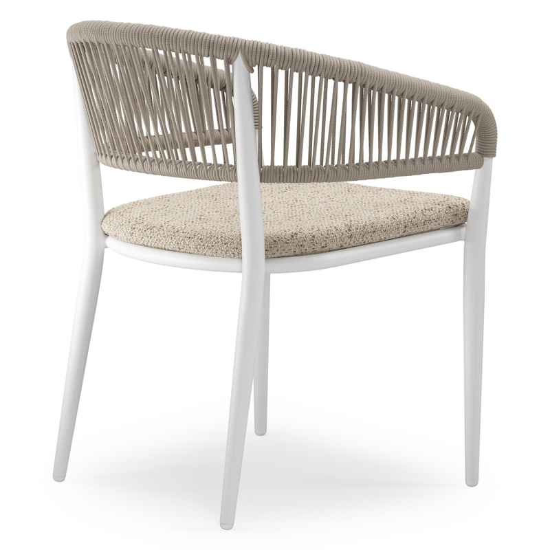 Chaise de jardin empilable Tolfa en aluminium blanc et corde ronde tissée verticalement beige avec coussin en All Weather Cosytica Bora Jungle