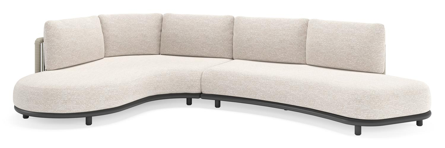 Lomano loungehoek in zwart aluminium en beige verticaal geweven luxe vlakke rope met Tundra Sand all weather sunbrella® luxe