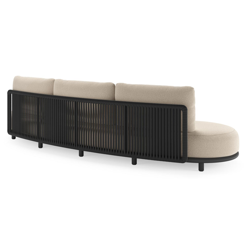 Lomano loungeset in zwart aluminium en zwart verticaal geweven luxe vlakke rope met lopi sand all weather sunbrella® luxe kussen