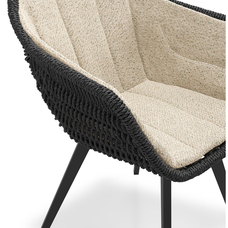 Pagino tuinstoel in zwart aluminium en zwart ronde wicker met zitkussen in All Weather Cosytica Bora Forest