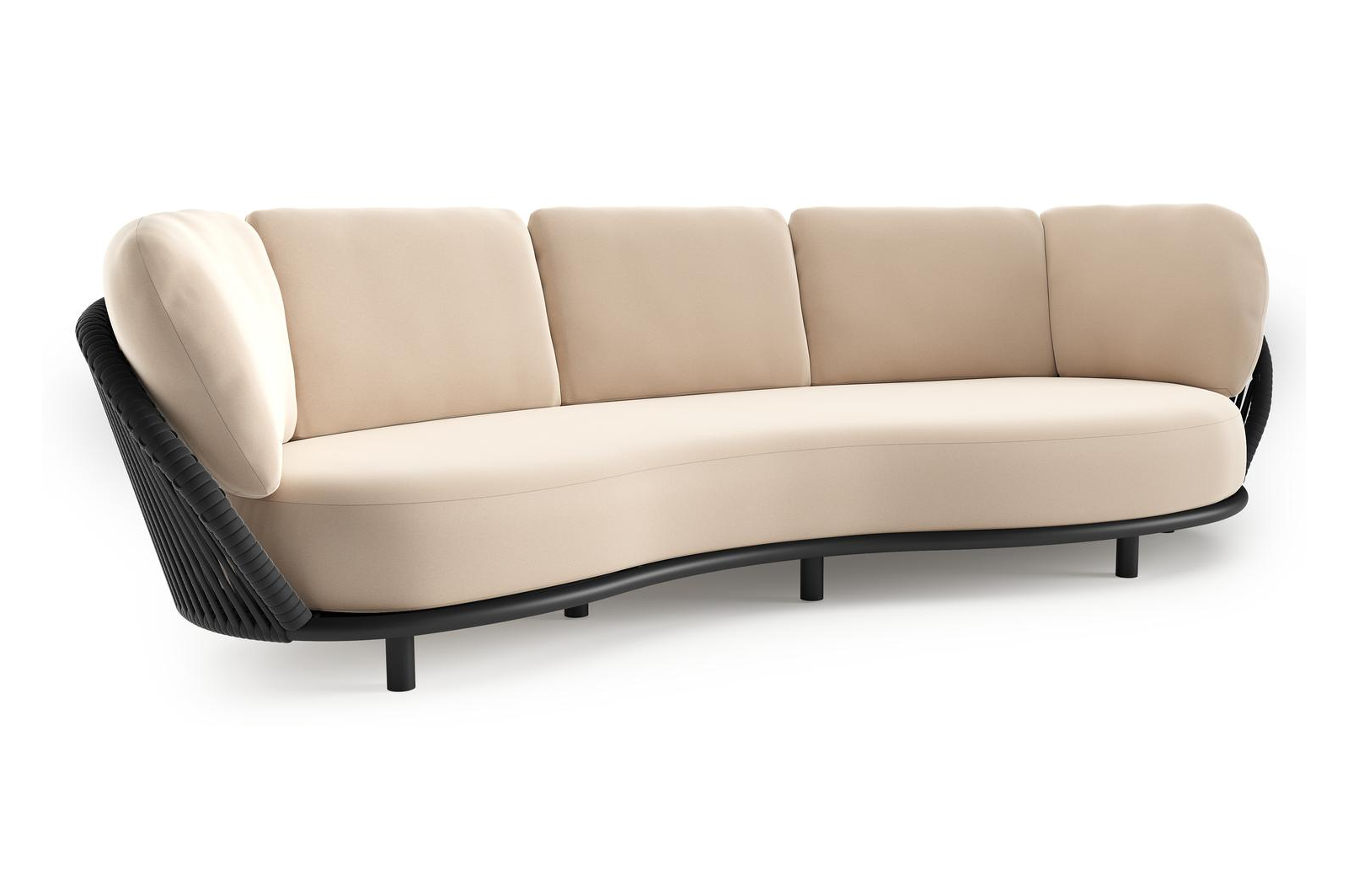 Lupino loungebank in zwart aluminium en zwart verticaal geweven luxe vlakke brede rope met natte linen chalk all weather sunbrella® luxe kussen