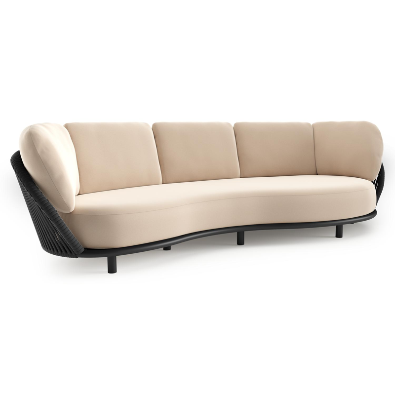 Lupino loungebank in zwart aluminium en zwart verticaal geweven luxe vlakke brede rope met natte linen chalk all weather sunbrella® luxe kussen