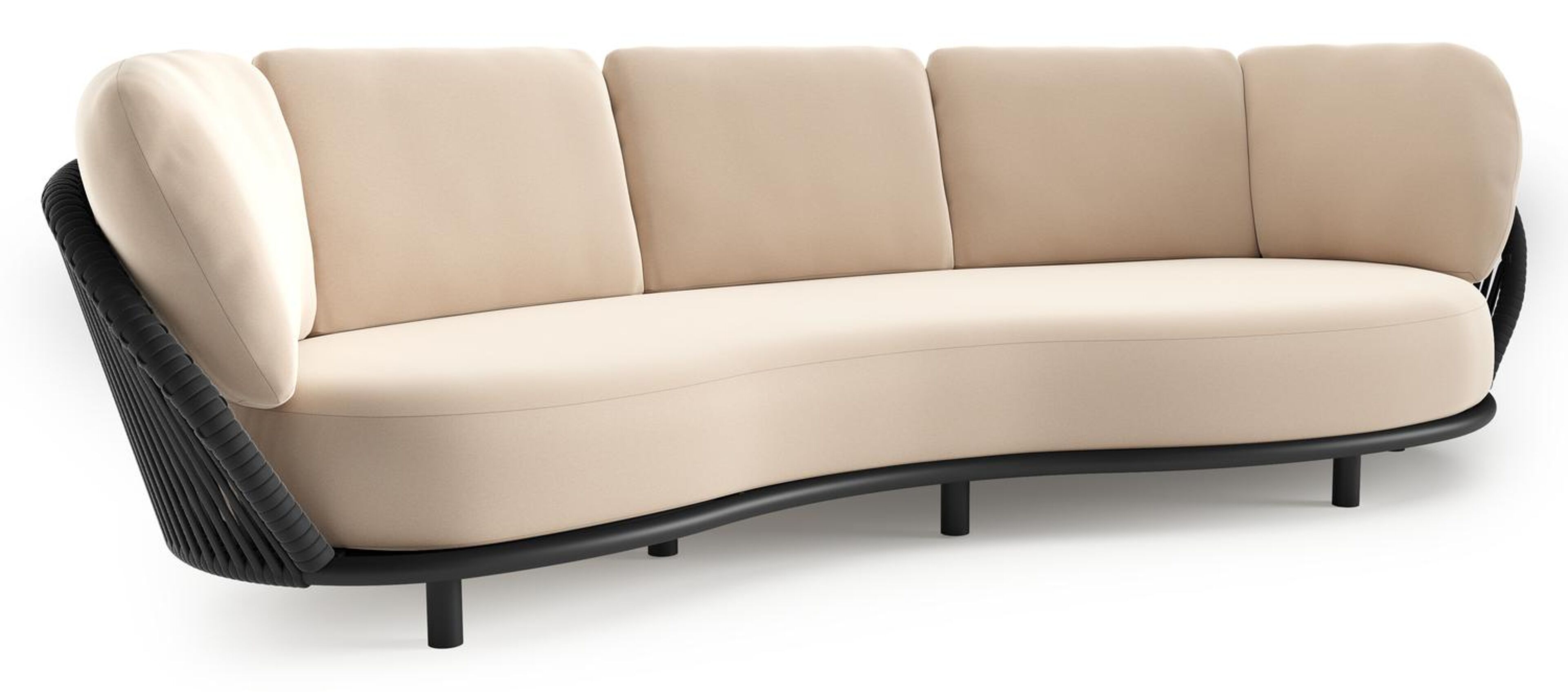 Canapé de jardin Lupino en aluminium noir et corde large plate de luxe tissée verticalement noir et coussins en all weather sunbrella® luxe natte linen chalk