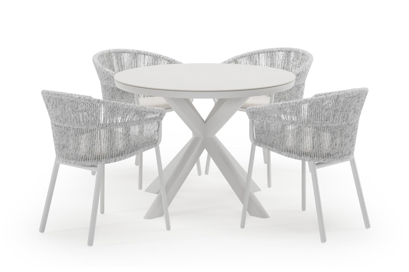 Pamplona ronde tuinset in wit aluminium en sintered stone topo minerale met 4 Matera tuinstoelen