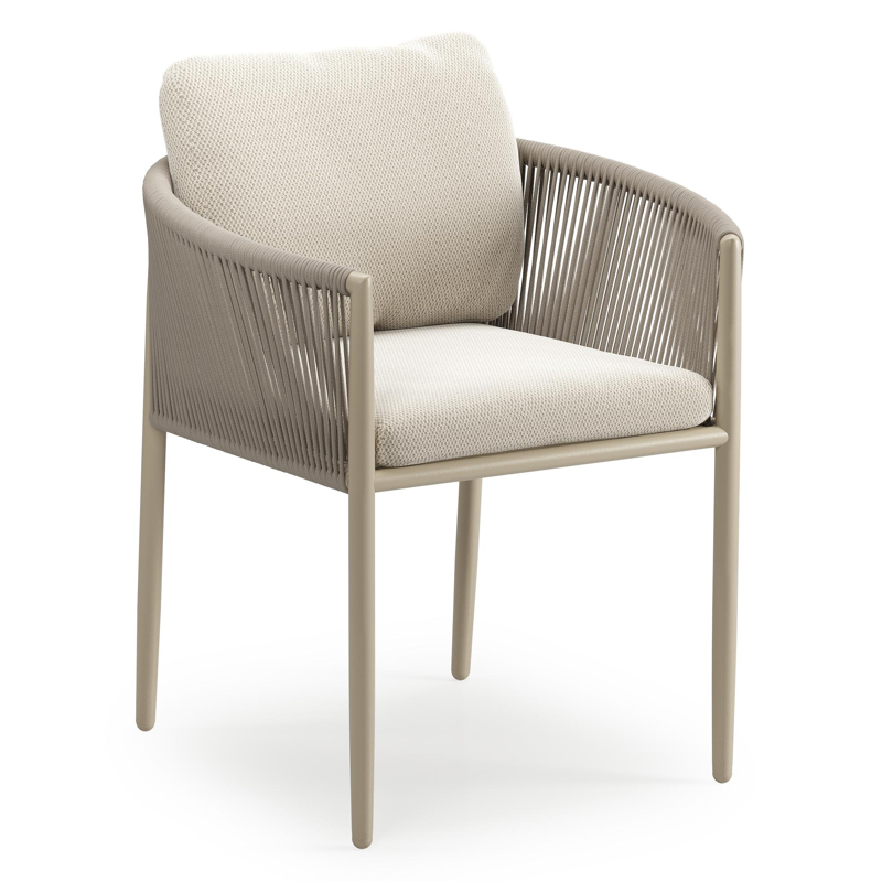 Organo tuinstoel in zwart aluminium en beige verticaal geweven ronde rope met stoelkussen in All Weather Sunbrella® Luxe Lopi Marble