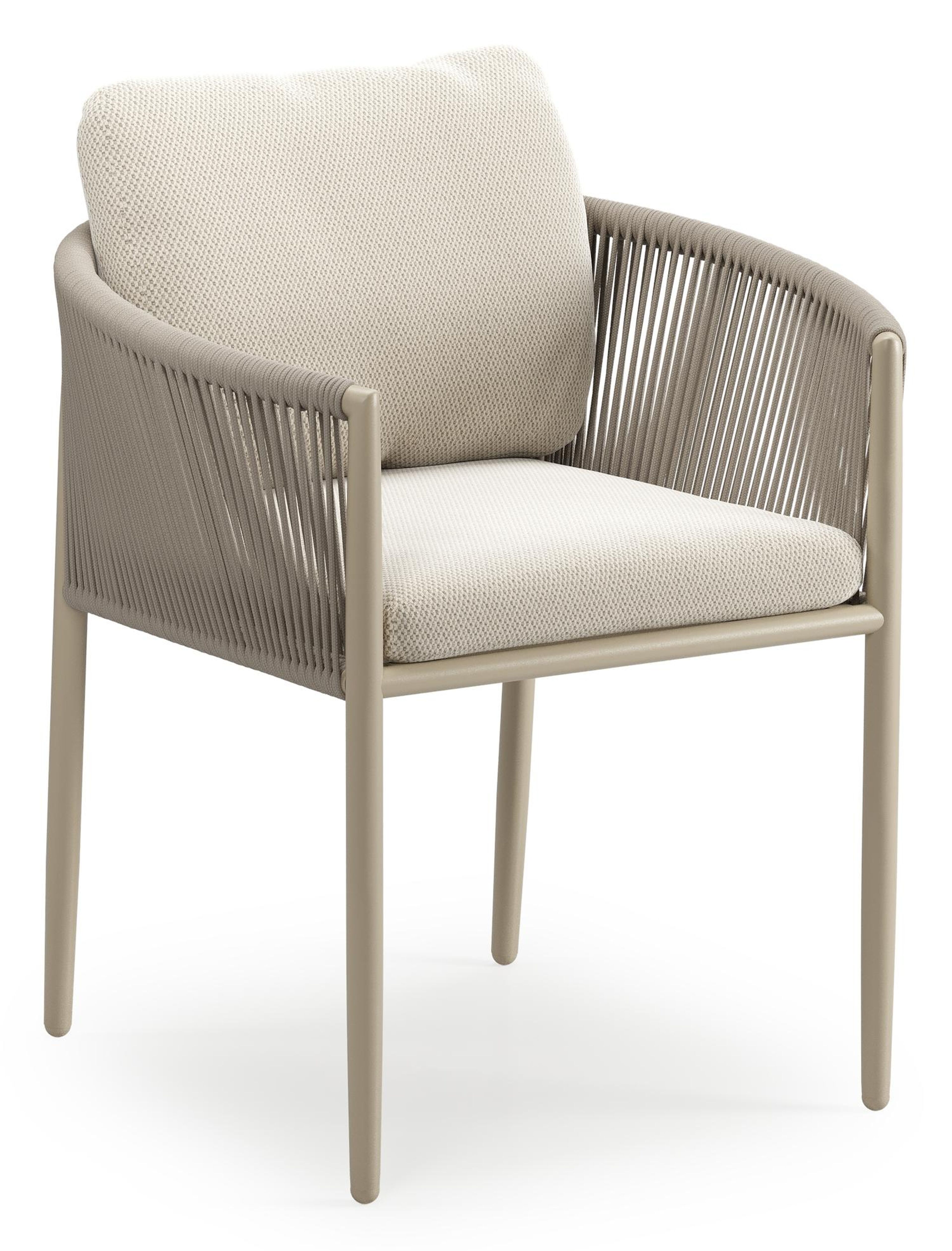 Organo tuinstoel in zwart aluminium en beige verticaal geweven ronde rope met stoelkussen in All Weather Sunbrella® Luxe Lopi Marble