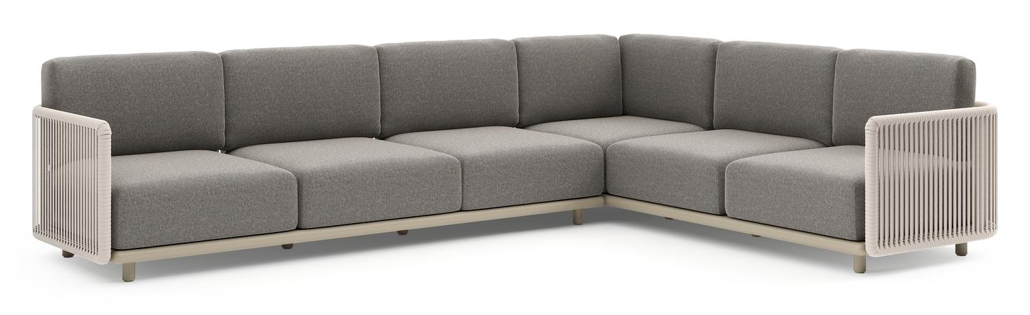 Organo loungehoek in beige aluminium en beige verticaal geweven luxe vlakke rope met chartres drizzle all weather Sunbrella® luxe kussen