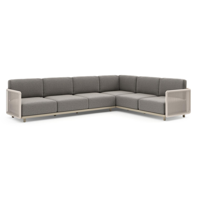 Organo loungehoek in beige aluminium en beige verticaal geweven luxe vlakke rope met chartres drizzle all weather Sunbrella® luxe kussen