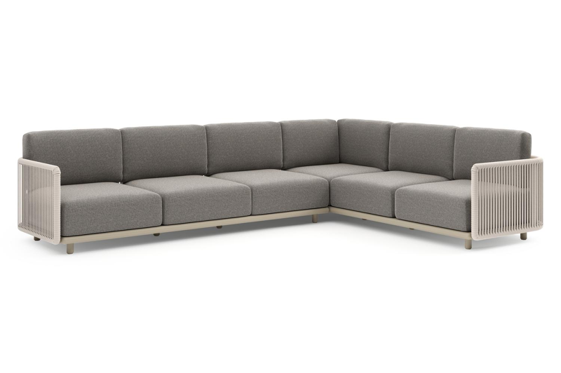 Organo loungehoek in beige aluminium en beige verticaal geweven luxe vlakke rope met chartres drizzle all weather Sunbrella® luxe kussen