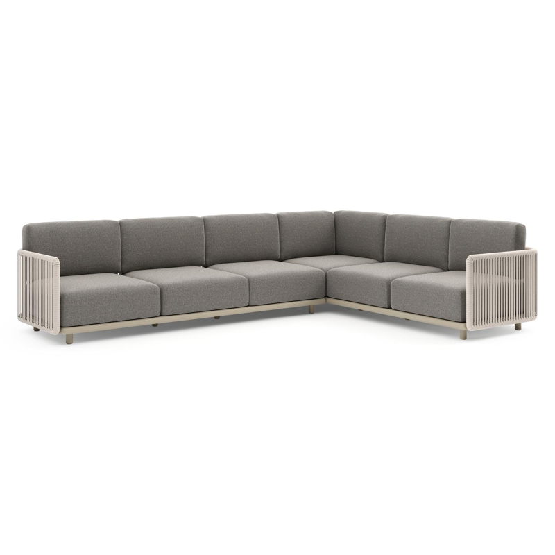 Salon de jardin d'angle Organo en aluminium beige et corde luxe plate tissée verticalement beige et coussin en all weather Sunbrella® luxe chartres drizzle