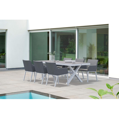 Ensemble de jardin Reza en aluminium blanc avec plateau de table en céramique pleine gris et 6 chaises de jardin Rivo