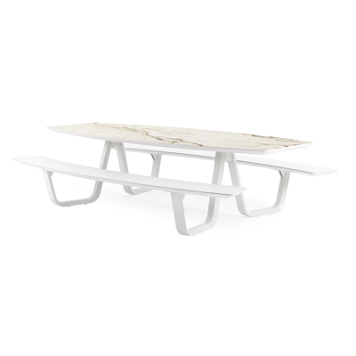 Forno picknicktafel bootvorm in wit aluminium en volkeramiek colorado dunes tafelblad - L 280 x B 192 x 72 cm