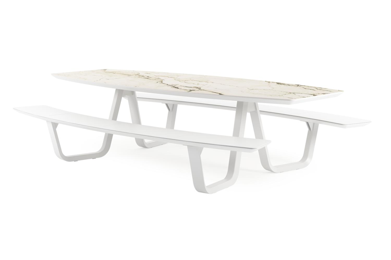 Forno picknicktafel bootvorm in wit aluminium en volkeramiek colorado dunes tafelblad - L 280 x B 192 x 72 cm