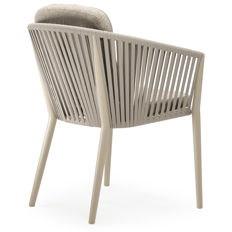 Chaise de jardin Orso en aluminium beige et corde plate tissée verticalement beige avec coussin luxe en All Weather Cosytica Bora Desert