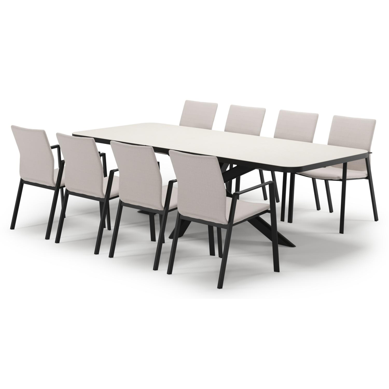 Ensemble de jardin Estella extensible rectangulaire en aluminium noir et sintered stone Crema minerale avec 8 chaises de jardin Madura