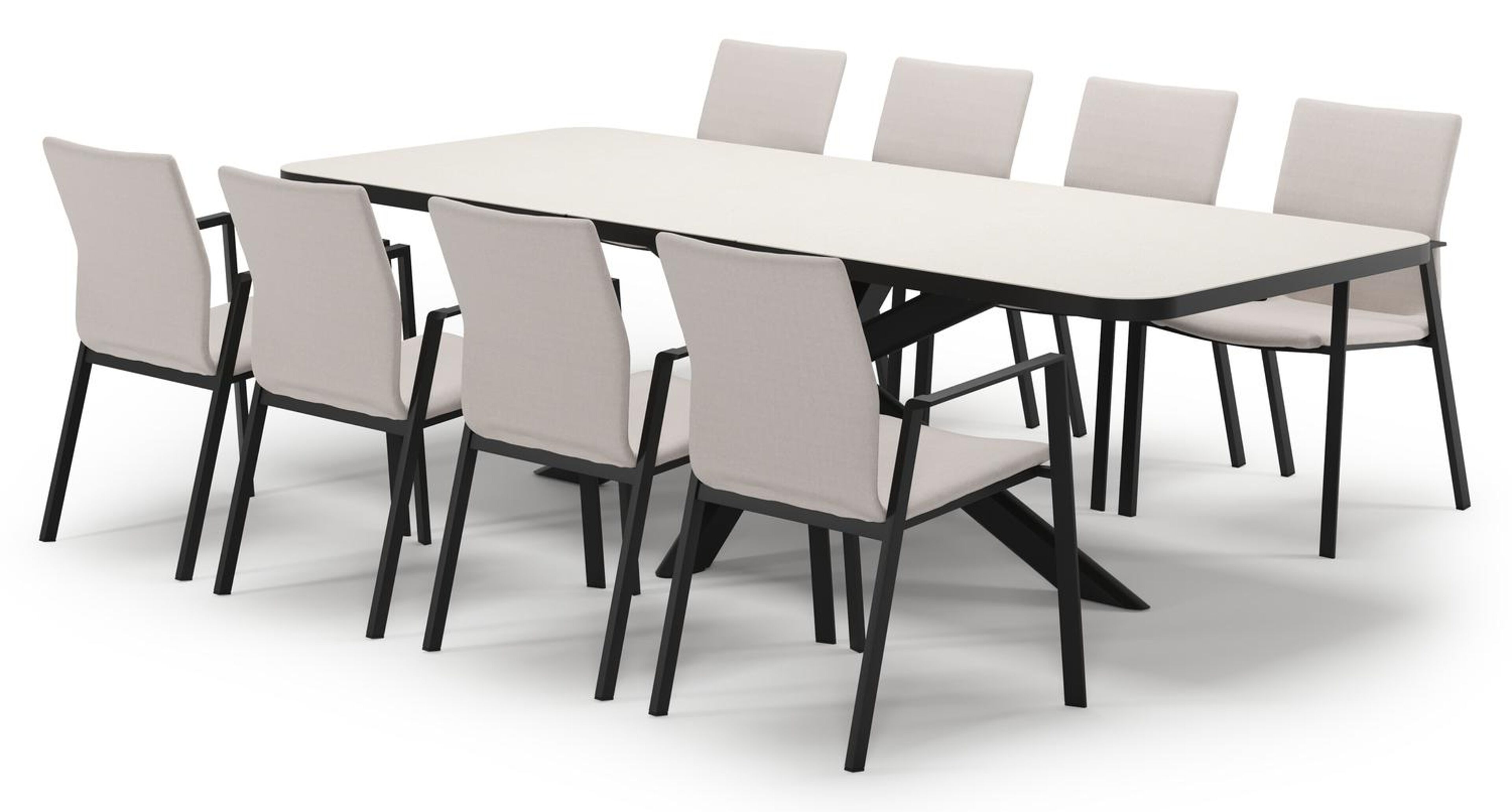 Ensemble de jardin Estella extensible rectangulaire en aluminium noir et sintered stone Crema minerale avec 8 chaises de jardin Madura