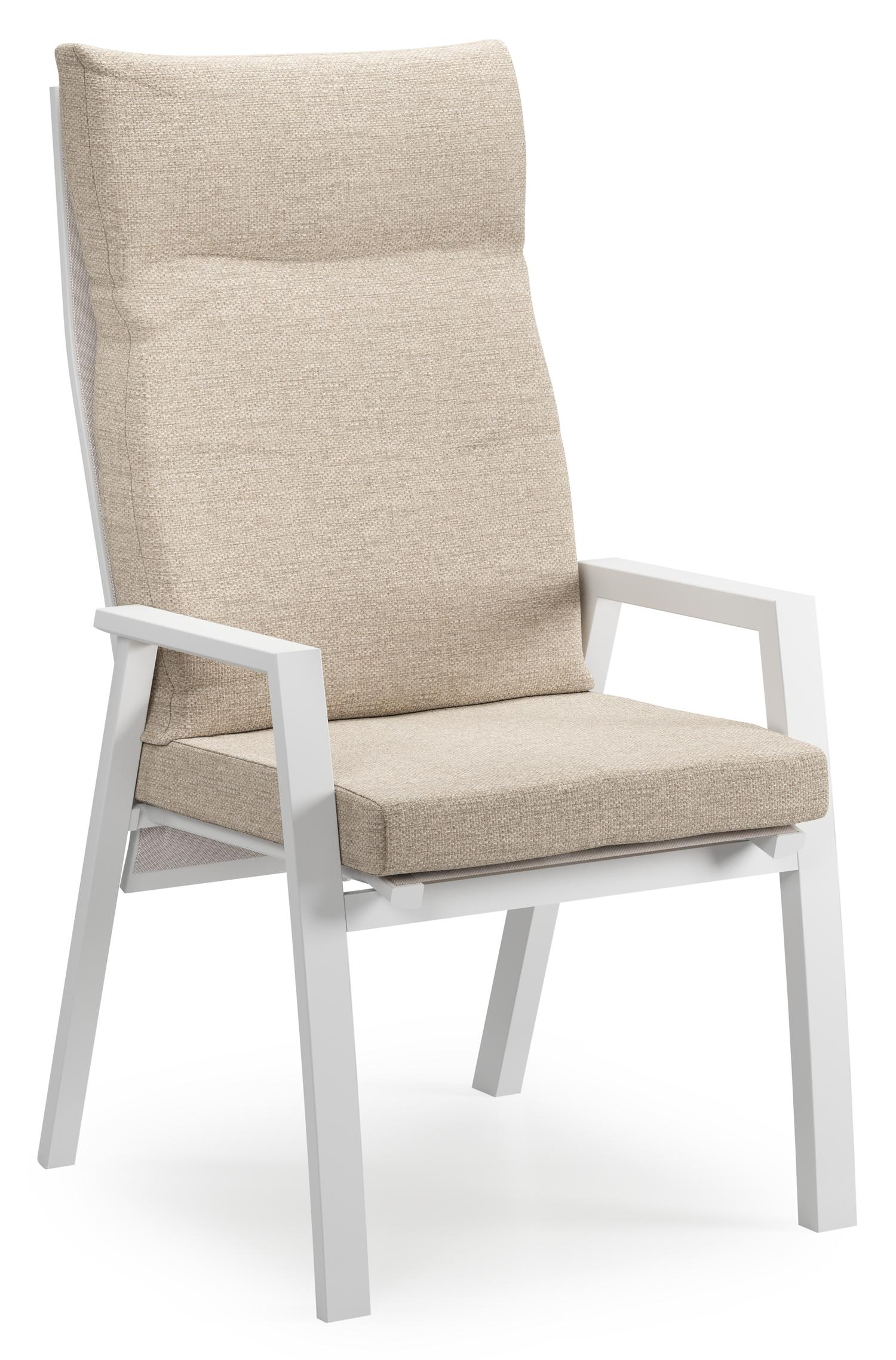 Chaise de jardin Leon en aluminium blanc et textilène beige avec coussin en Rustic Weather+ Softtouch
