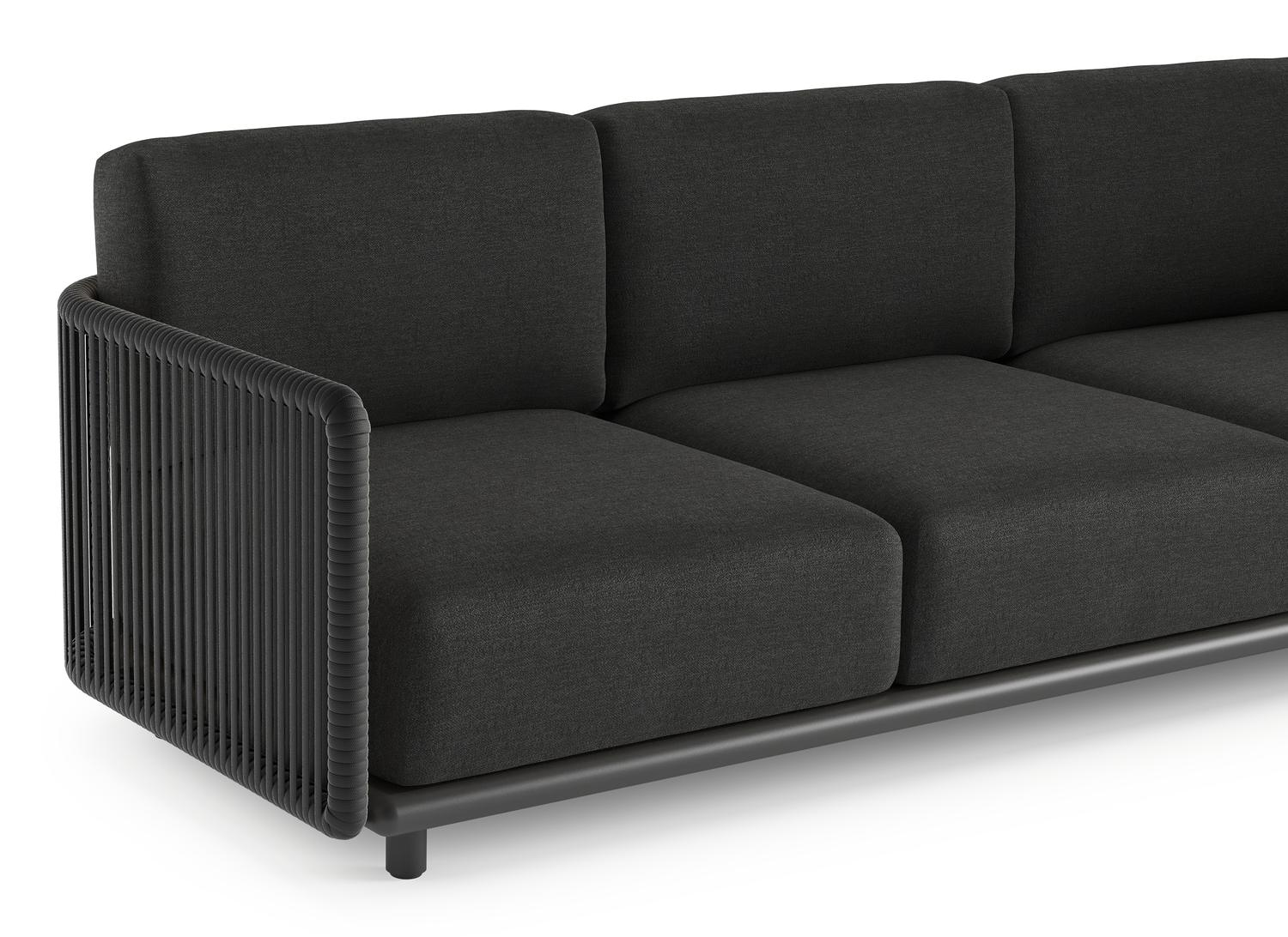 Organo loungeset in zwart aluminium en zwart verticaal geweven luxe vlakke rope met chartres sooty all weather sunbrella® luxe kussens