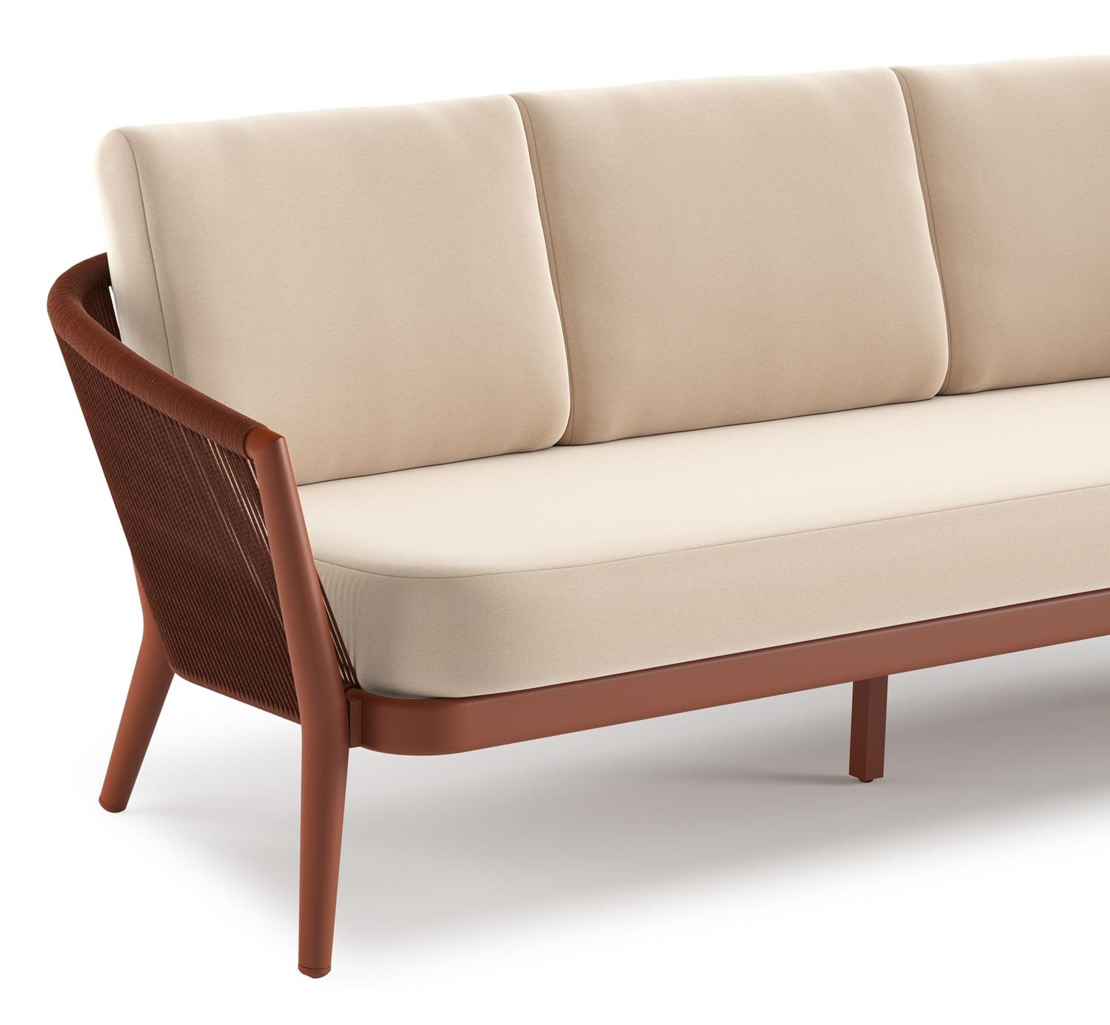 Salon de jardin Orso en aluminium brun rouille en corde ronde tissée verticalement brun rouille et coussins en all weather sunbrella® luxe Natte Linen Chalk