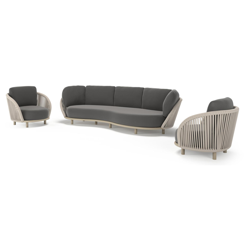 Lupino loungeset in beige aluminium en beige verticaal geweven luxe vlakke brede rope met natte charcoal chine all weather sunbrella® luxe kussen