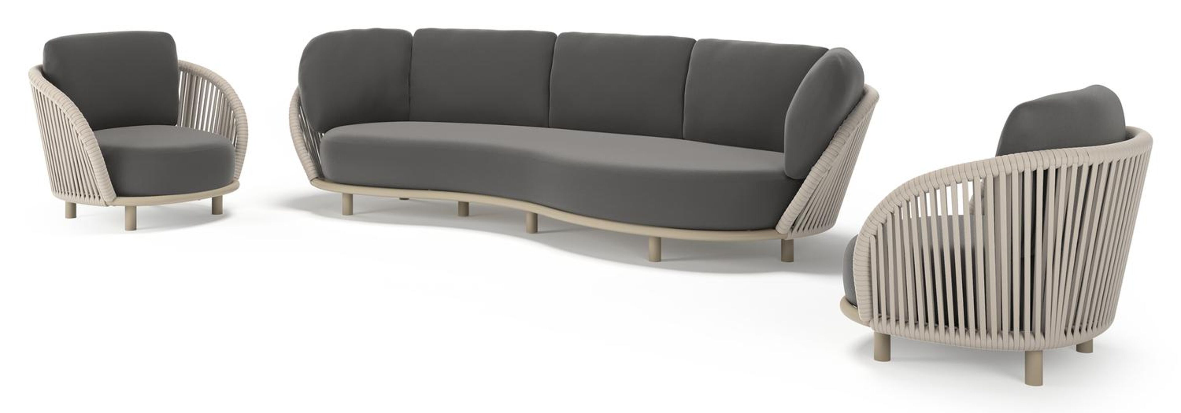Lupino loungeset in beige aluminium en beige verticaal geweven luxe vlakke brede rope met natte charcoal chine all weather sunbrella® luxe kussen