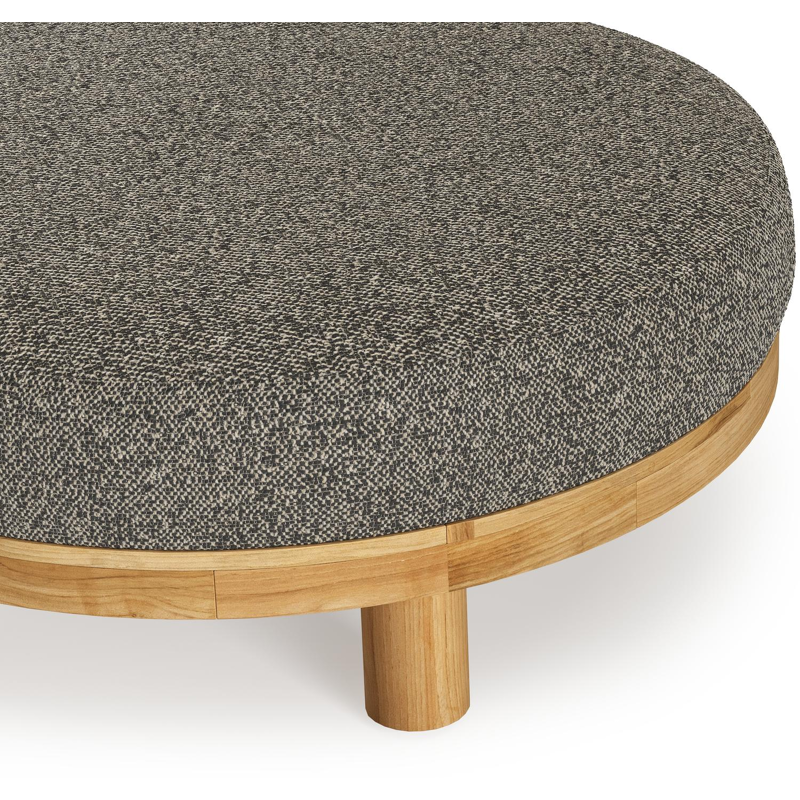 Donato lounge poef in teak en beige verticaal geweven ronde rope met all weather cosytica Marbella Tunder kussen