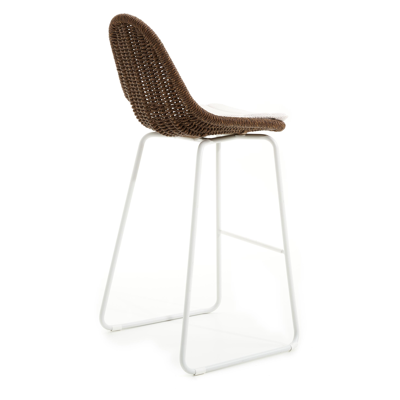 Tabouret de bar Pagino en aluminium blanc et résine tressée ronde brun avec coussin en lopi marble all weather sunbrella® luxe