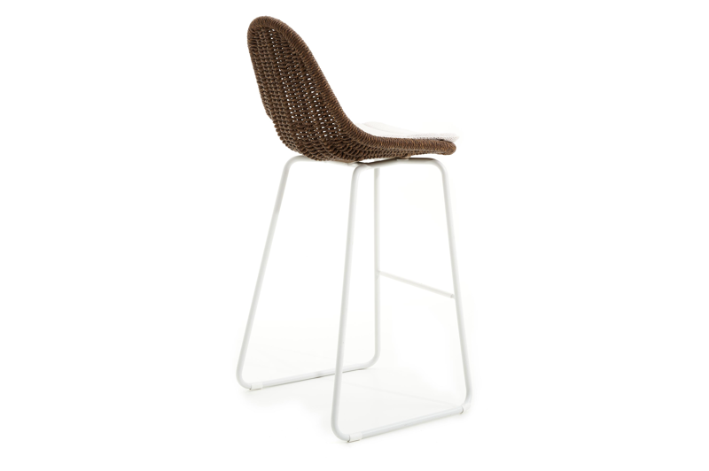 Pagino barstoel in wit aluminium en bruin ronde wicker met kussen in lopi marble all weather sunbrella® luxe