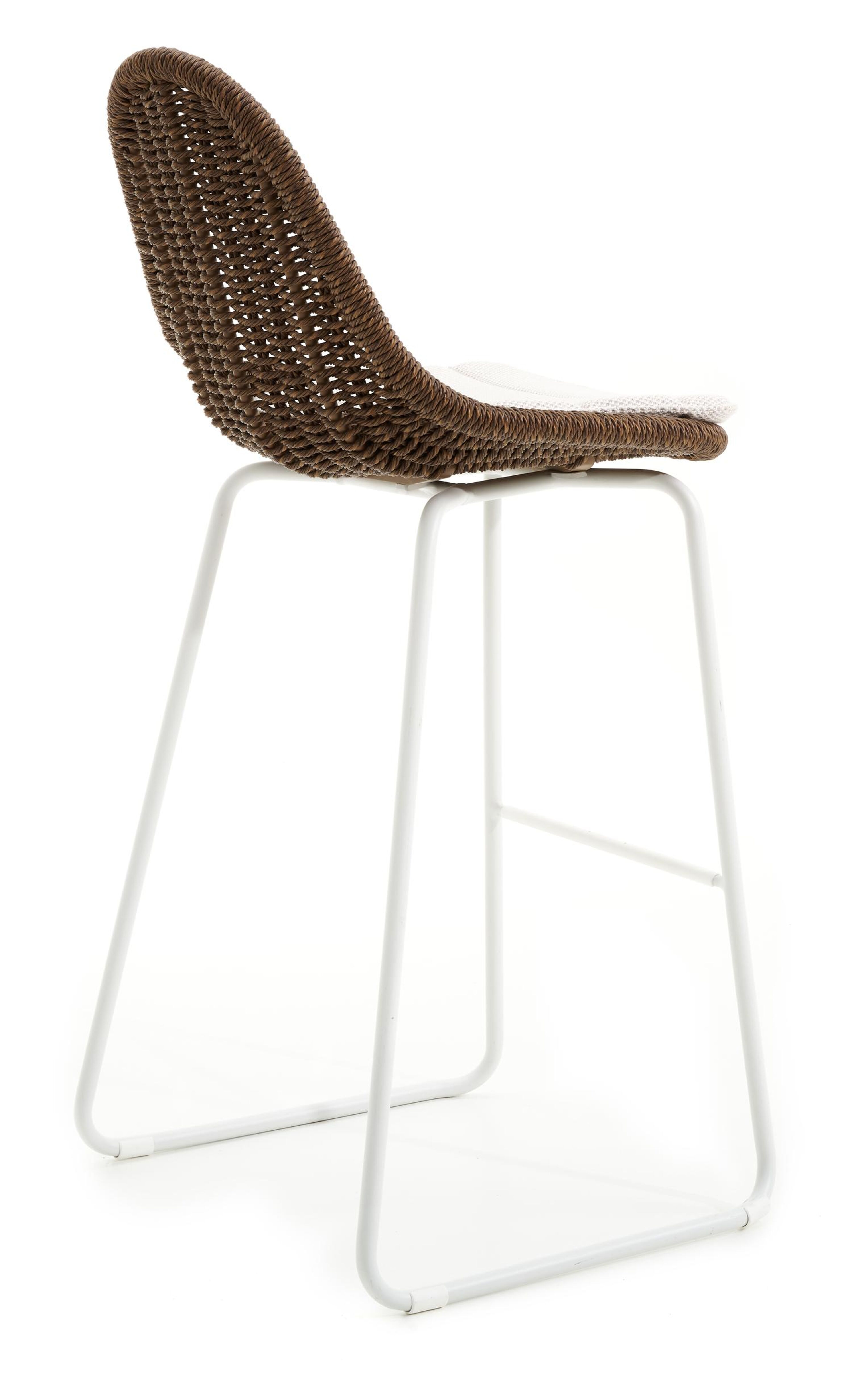 Tabouret de bar Pagino en aluminium blanc et résine tressée ronde brun avec coussin en lopi marble all weather sunbrella® luxe