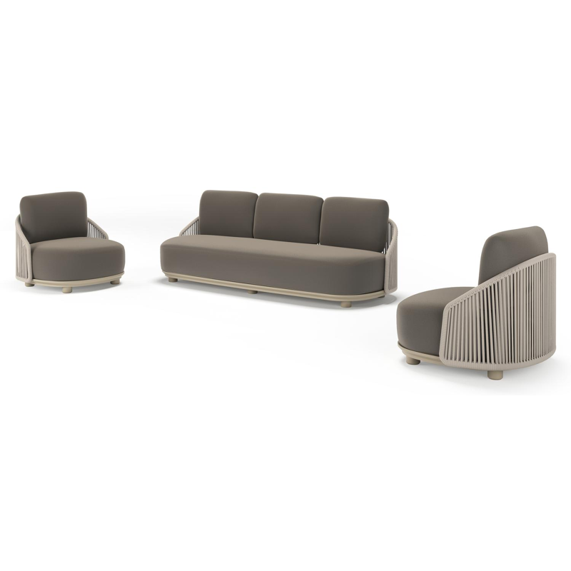 Salon de jardin Vadelo en aluminium beige et corde ronde tissée verticalement beige et coussins en all weather sunbrella® luxe natte carbon beige