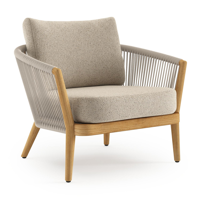 Orso loungestoel in teak en beige verticaal geweven ronde rope met Bora Desert all weather cosytica kussen