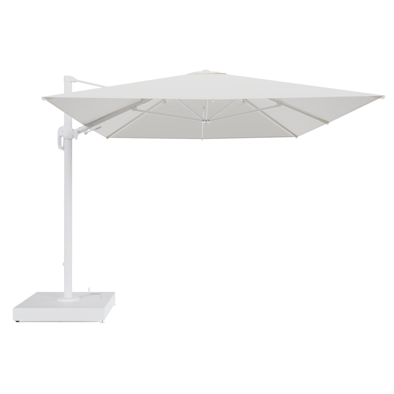 Parasol pendant Rufina avec fonction tilt en aluminium blanc et toile de parasol All Weather Sunbrella® Luxe Natte White - Lg.1 400 x Lg.2 300 cm avec pied de parasol Minore 260 kg avec roulettes