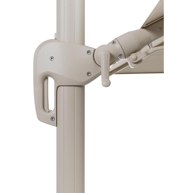 Rufina zweefparasol met tiltfunctie in beige aluminium en beige All Weather Sunbrella® Premium parasoldoek - L1 300 x L2 300 cm met parasolvoet Minore 260 kg met wielen