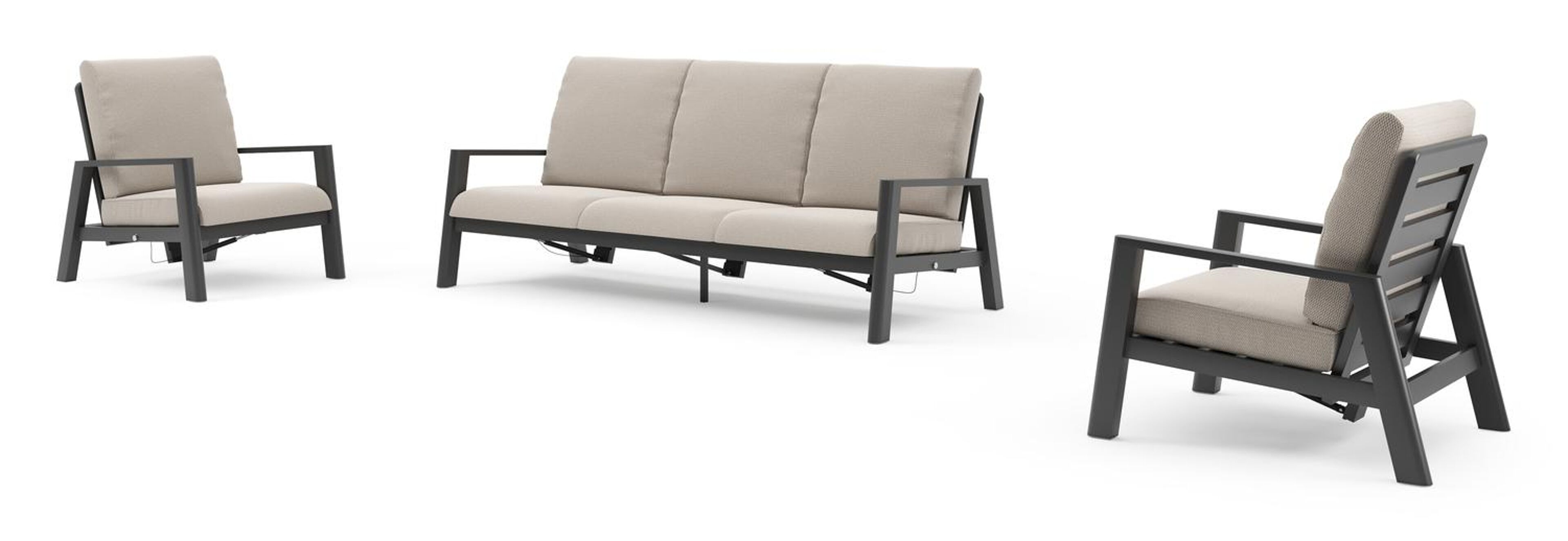 Salon de jardin Cirello en aluminium noir et coussins en all weather sunbrella® luxe lopi fossil