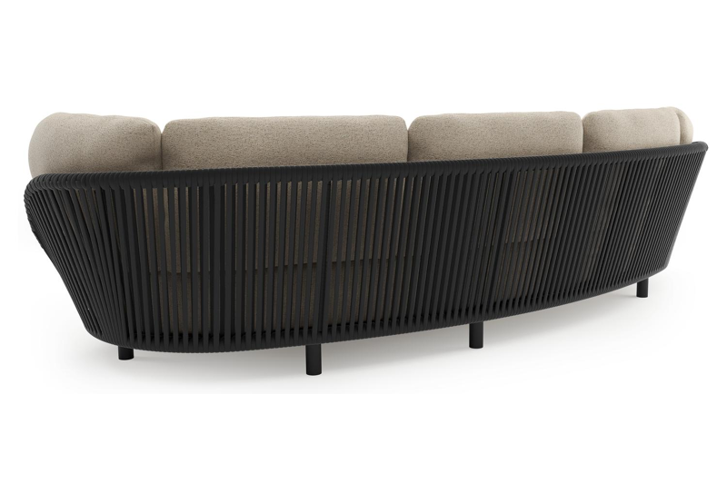 Lupino loungebank in zwart aluminium en zwart verticaal geweven luxe vlakke brede rope met marbella beige all weather cosytica kussen