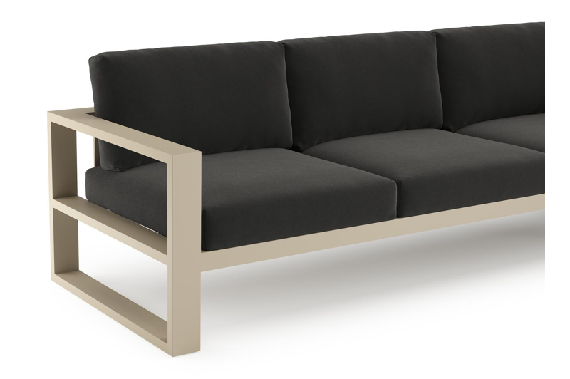 Salon de jardin d'angle Verato en aluminium beige et coussins en all weather sunbrella® luxe natte sooty