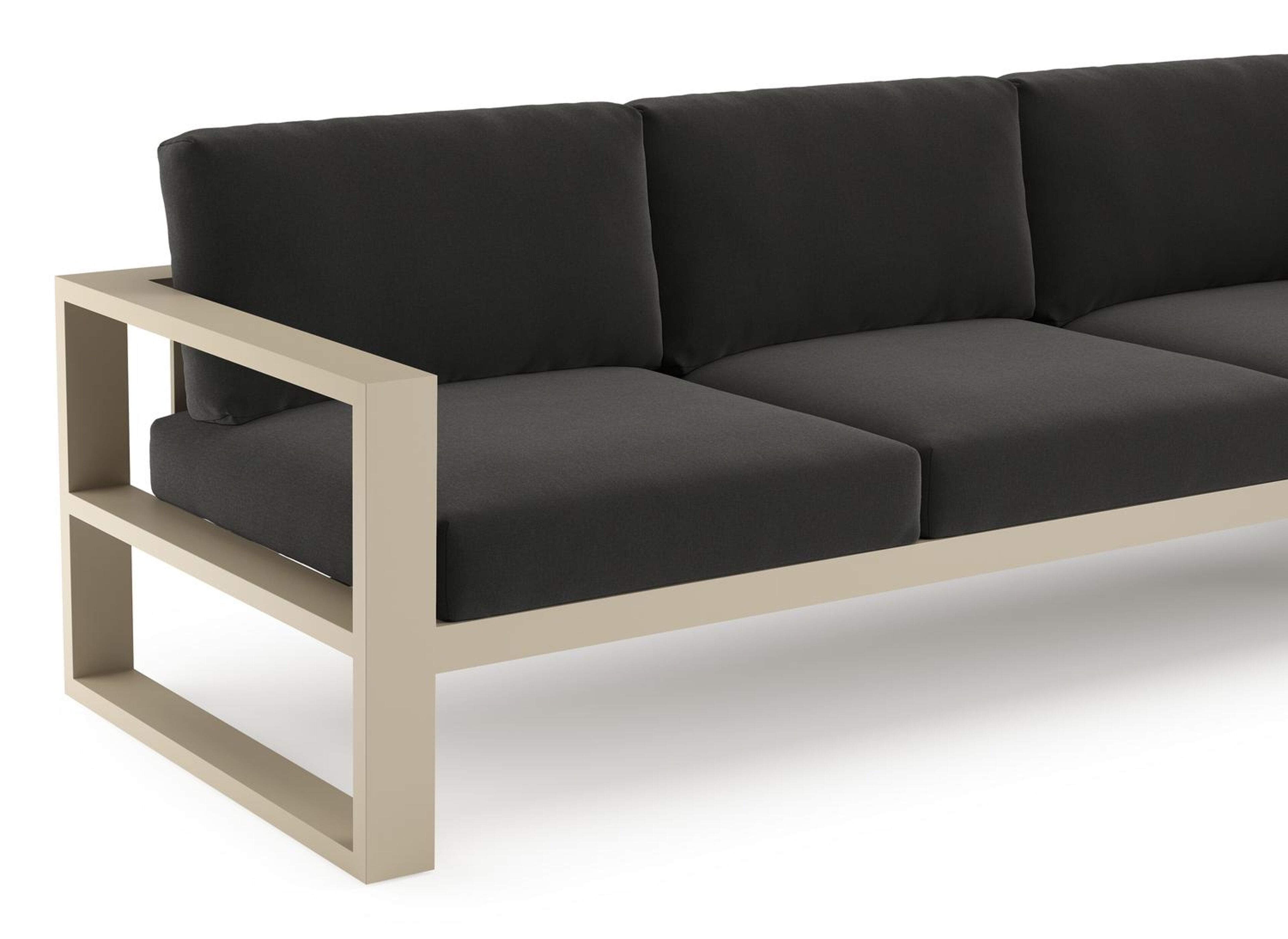 Salon de jardin d'angle Verato en aluminium beige et coussins en all weather sunbrella® luxe natte sooty