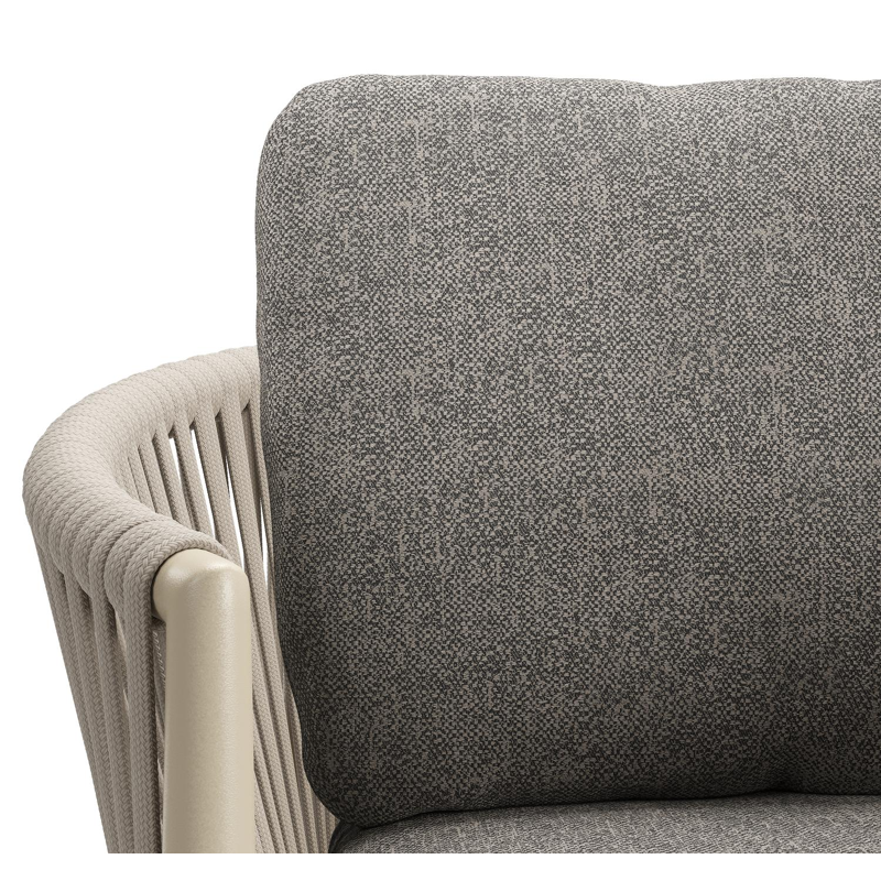 Chaise de jardin Organo en aluminium beige et corde luxe plate tissée verticalement beige avec coussin en All Weather Sunbrella® Luxe Chartres Drizzle