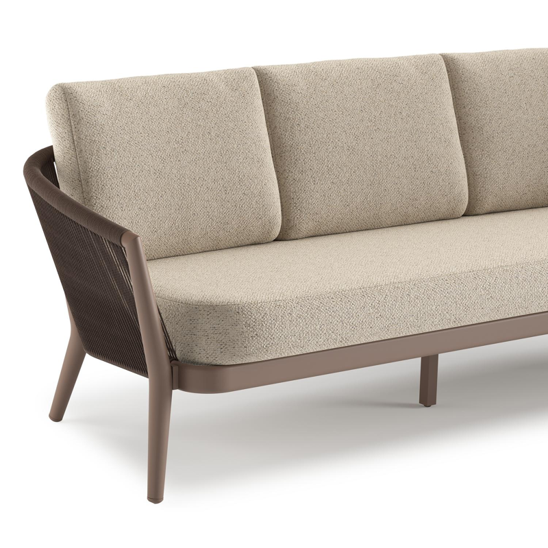 Canapé de jardin Orso en aluminium taupe en corde ronde tissée verticalement noir et coussins en all weather cosytica Bora Desert