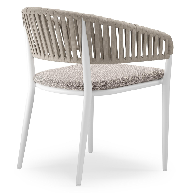 Tolfa stapelbare tuinstoel in wit aluminium en beige verticaal geweven luxe vlakke brede rope met stoelkussen in All Weather Sunbrella® Luxe Wander Granite