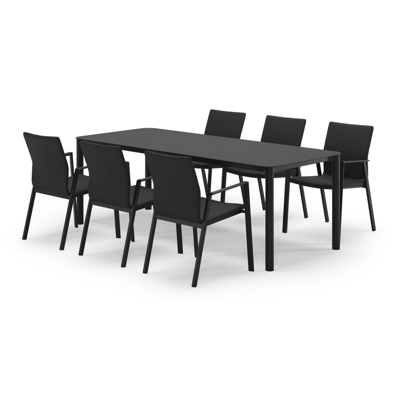 Mira rechthoekige afgeronde tuinset in zwart aluminium en sintered stone notte minerale met 6 Madura tuinstoelen